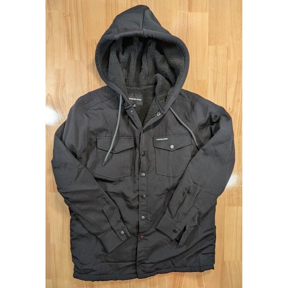 Pipeline Mens‎ Black Sherpa Lined Hooded Shirt Jacket Shacket Size Medium